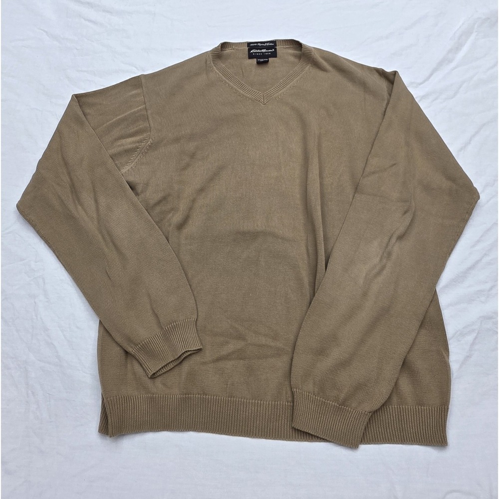 Vintage‎ Eddie Bauer 100% Supima Cotton V Neck Made In UK Tan Sweater Size XL